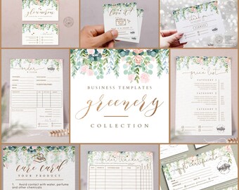 Puede incluir: Un conjunto de plantillas de negocios con un diseño floral de acuarela con vegetación y flores rosas. Las plantillas incluyen una lista de precios, un formulario de pedido, una tarjeta de cuidado, un rastreador de pedidos y un certificado de regalo. El texto "greenery collection" está escrito en escritura dorada.