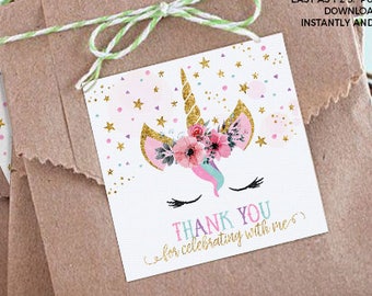 INSTANT DOWNLOAD - Unicorn birthday Favor tags Unicorn birthday Favors decorations Unicorn face thank you tag Unicorn horn party decor