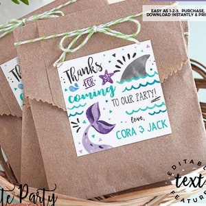 INSTANT DOWNLOAD, EDITABLE Mermaid and Shark birthday favors, Shark and mermaid favor tags, Sibling under the sea printable joint party, 457
