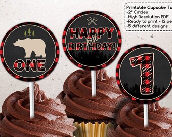 DOWNLOAD IMMEDIATO - Toppers cupcake compleanno boscaiolo - Decorazioni per feste boscaiolo