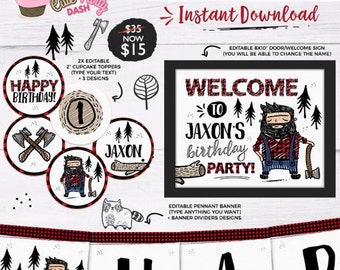 Decorazioni modificabili per la festa del primo compleanno del boscaiolo (download immediato)