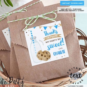 INSTANT DOWNLOAD, EDITABLE Milk and Cookies birthday favors, Milk & Cookies Birthday decorations favor tags Milk and cookies party decor 202