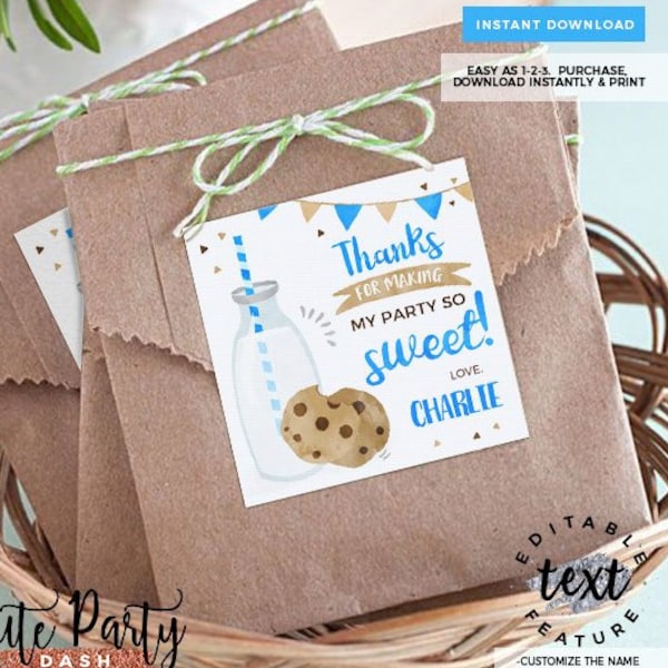 INSTANT DOWNLOAD, EDITABLE Milk and Cookies birthday favors, Milk & Cookies Birthday decorations favor tags Milk and cookies party decor 202