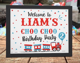 Letrero de bienvenida de cumpleaños con tren: Decoración editable para fiestas (descarga digital)