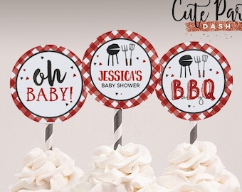 INSTANT DOWNLOAD, BBQ Baby Shower Cupcake toppers, Printable red gingham bbq barbecue baby shower favor tag, Decoration digital download 201