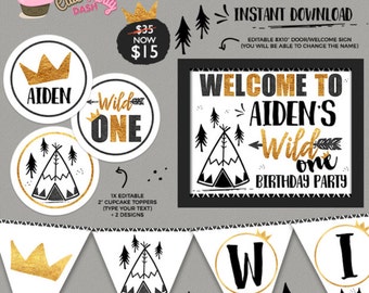 INSTANT DOWNLOAD - EDITABLE Wild One Birthday Decorations Wild One black and Gold  Party decorations Wild One First Birthday Printable Decor