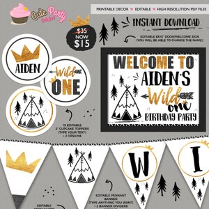 INSTANT DOWNLOAD EDITABLE Wild One Birthday Decorations Wild One black and Gold Party decorations Wild One First Birthday Printable Decor image 1
