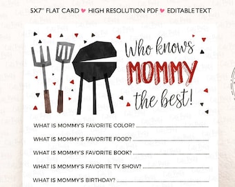 Jeu barbecue pour baby shower, Who Knows Mommy Well (carte de 5 x 7 po. à téléchargement numérique)