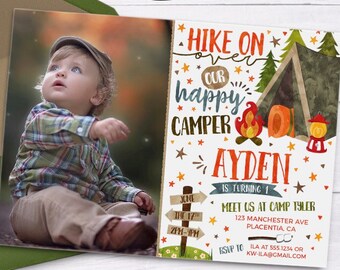 Camping Birthday Photo invitation DIY Camp out printable invite - Camping sign birthday decorations Tent Camping birthday party invitations