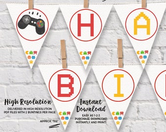 INSTANT DOWNLOAD - EDITABLE Video Game wall banner Video Game Party bunting Game truck party pennant Game truck birthday video game decor