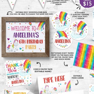 INSTANT DOWNLOAD, EDITABLE unicorn rainbow Birthday Party decorations, birthday printable decor, digital download, tags, banner, favors,