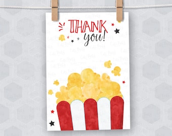 INSTANT DOWNLOAD - Movie Night Birthday Thank you card Printable Favor Movies Cinema party digital download Popcorn thank you note 477