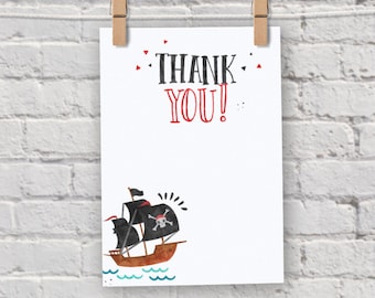 May include: A printable thank you card featuring a black pirate ship with a skull and crossbones on the sail, sailing on blue waves. The card says "THANK YOU!" in red and black lettering.
