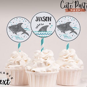INSTANT DOWNLOAD, EDITABLE Shark Birthday decorations Cupcake toppers Watercolors Under the sea printable decor Pool party 2 inches 417