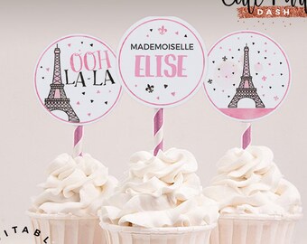 Paris Geburtstag Cupcake Toppers: Bearbeitbarer rosa Party Decor (Digitaler Download)