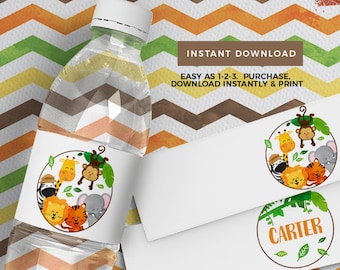 May include: Printable water bottle labels featuring a jungle animal theme. The labels are editable and include the text "Cute Party Dash" and "CARTER".