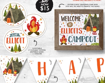 INSTANT DOWNLOAD - EDITABLE Camping Birthday decor Camp out printable decorations Camping party decorations Tent camping sign favor tags