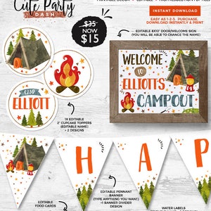 INSTANT DOWNLOAD - EDITABLE Camping Birthday decor Camp out printable decorations Camping party decorations Tent camping sign favor tags