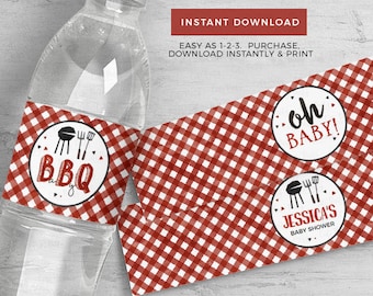 INSTANT DOWNLOAD, BBQ Baby Shower water bottle labels, Printable red gingham bbq barbecue baby shower drink wraps, digital download 201