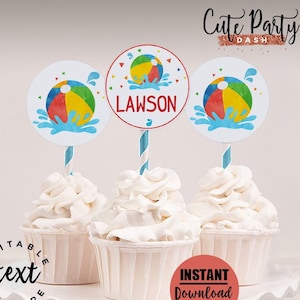 INSTANT DOWNLOAD - EDITABLE Pool Party Birthday cupcake toppers Beach ball Printable decorations Summer Party favor tags decor 427