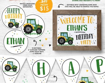 Tractor birthday decor INSTANT DOWNLOAD EDITABLE Farmer Birthday decoration Printable Green Yellow Tractor boy party invitation 459