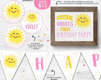 EDITABLE You are my Sunshine Birthday Decorations, Summer printable decor, Sunshine first Birthday Digital decorations, INSTANT DOWNLOAD 481