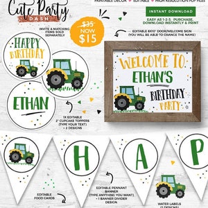 Tractor birthday decor INSTANT DOWNLOAD EDITABLE Farmer Birthday decoration Printable Green Yellow Tractor boy party invitation 459