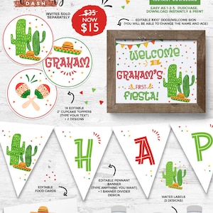 INSTANT DOWNLOAD - EDITABLE Fiesta Birthday decorations Mexican Birthday printable decorations Fiesta sign favor tags wall banner cupcake
