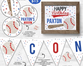 INSTANT DOWNLOAD - EDITABLE Baseball Birthday decorations Baseball watercolors printable decor Sports party Baseball banner favor tags