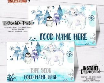 May include: Editable food tent cards featuring a watercolor illustration of a polar bear, penguin, and snowy trees. The text "FOOD NAME HERE" is included on the card. The cards are 4x2 inches when folded and are high resolution PDFs.