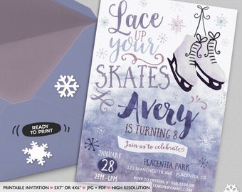 Ice Skating Birthday invitation Winter birthday invitation Printable Ice Skate invitation Ice Skating invitation watercolor invitation