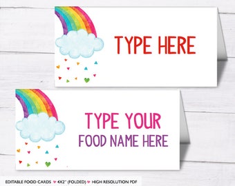 Rainbow Party Food Cards: Editable Tent Cards (Instant Download)