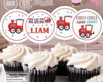 INSTANT DOWNLOAD - EDITABLE Train Birthday cupcake toppers Train favors train birthday 2" circles favor tags - Train party decorations choo