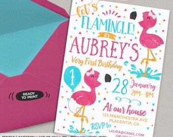 Flamingo Birthday Party Printable invitations Pool Party DIY Summer  Birthday Party invite Watercolors Let's Flamingle Luau Party invitation