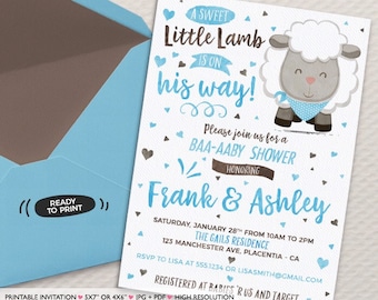May include: A blue and brown baby shower invitation with a cute cartoon lamb. The invitation says "A Sweet Little Lamb is on his way!" and includes the text "Please join us for a BAA-AABY SHOWER honoring Frank & Ashley".