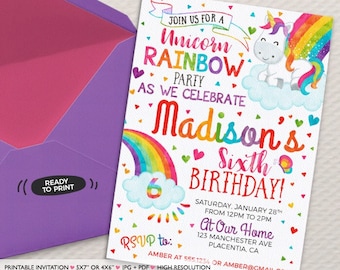 Unicorn Rainbow Birthday Party invitations DIY Unicorn Rainbow printable invite Rainbow birthday invitation Rainbow party invitation