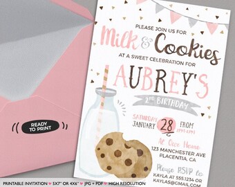 Milk and Cookies invitation DIY Milk and Cookies birthday party printable invite girls Milk & cookie birthday invitation Pink invitation 483