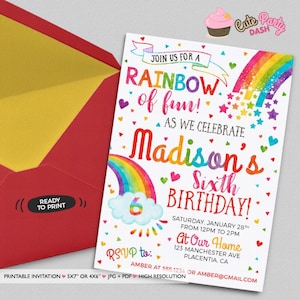 Rainbow Birthday Invitation: Watercolor Party Invite (PDF, JPG)
