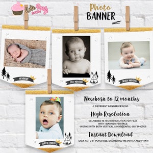 Wild One verjaardagsfotobanner: goud en zwart, pasgeborene tot 12 maanden (directe download)