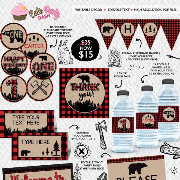 INSTANT DOWNLOAD -  EDITABLE Lumberjack First Birthday Decoration Lumberjack Party decorations Lumberjack First Birthday Printable Decor