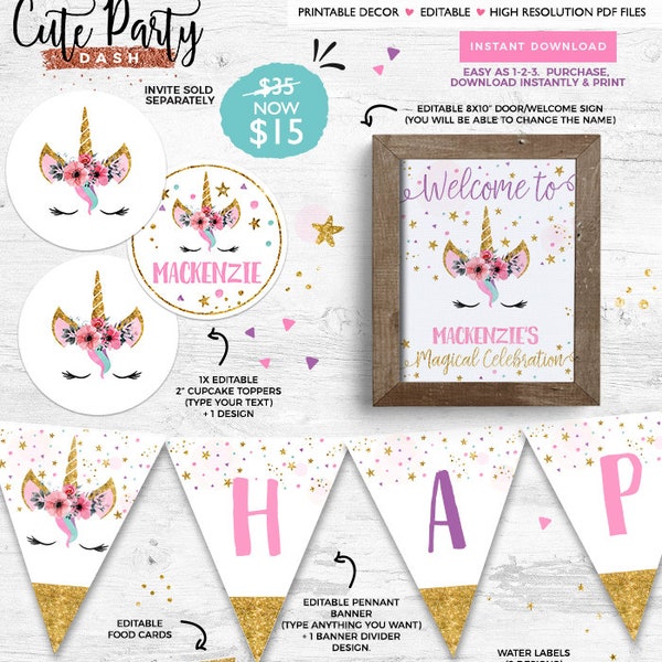 Unicorn Birthday Decorations: Gold Watercolor Flowers (Instant Download)