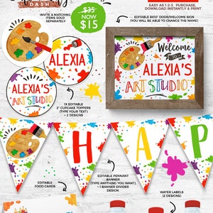 Pu&ograve; includere: Decorazioni per feste stampabili a tema artistico. Il set include un cartello di benvenuto, topper per cupcake, carte per il cibo, etichette per bottiglie d'acqua, etichette per bomboniere, cartelli per feste e uno striscione. Le decorazioni presentano una tavolozza di colori, pennelli e schizzi di vernice colorati. Il testo sul cartello di benvenuto dice "Benvenuti allo studio d'arte di Alexia".
