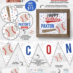 DESCARGA INSTANTE - EDITABLE Decoraciones de cumpleaños de béisbol Acuarelas de béisbol decoración imprimible Fiesta deportiva Etiquetas de favor de banner de béisbol