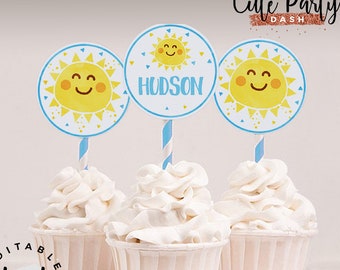 May include: Three yellow sun cupcake toppers with blue and white striped sticks. The sun has a smiling face and yellow rays. The middle topper has the name "HUDSON" written on it. The text "Cute Party Dash" is at the top of the image. The text "Editable text feature" is at the bottom left of the image. The text "Instant Download Easy as 1-2-3. Purchase, Download Instantly & Print" is at the bottom right of the image.