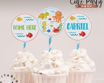 Toppers de Cupcake Submarinos: Decoração de Aniversário Oceânica Editável (Download Instantâneo)