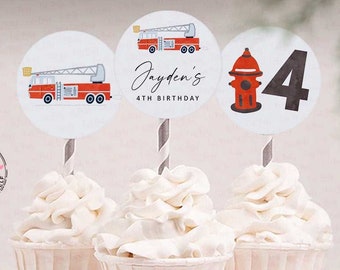 Fireman Birthday Cupcake Toppers: Editable Firetruck Party Decor (Instant Download)