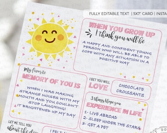May include: A pink and yellow printable card with the text "When you grow up I think you will be" and a list of memories and wishes for a child. The card has a sun graphic and the text "My Birthday Wish for You".