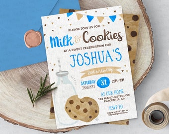 Editable Milk and Cookies birthday invitation, Royal Blue Milk & Cookies birthday party printable invite, boy, Corjl, 202 INSTANT DOWNLOAD