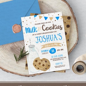 Editable Milk and Cookies birthday invitation, Royal Blue Milk & Cookies birthday party printable invite, boy, Corjl, 202 INSTANT DOWNLOAD