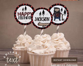 Decorazioni per cupcake modificabili a forma di boscaiolo per il primo compleanno (download immediato)